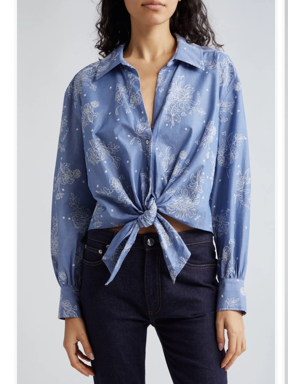 Cinq a Sept Abrielle Tie Hem Shirt Women’s Embroidered Blue Floral Sz Small